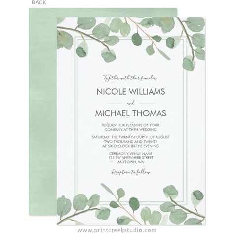 Watercolor Eucalyptus Wedding Invitations - Print Creek Studio Inc