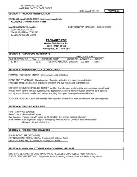 MSDS Klondike -35 Windshield Cleaner - CBS Parts Ltd.