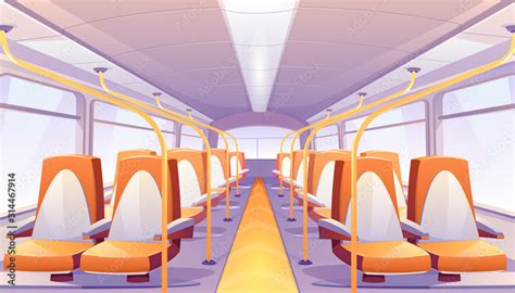 Empty bus interior with orange seats. Vector cartoon passenger cabin of ...