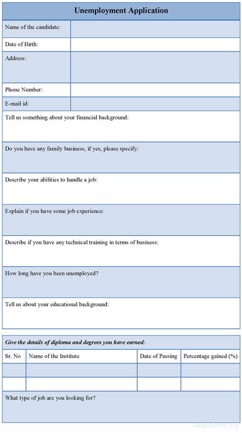 Sample Unemployment application form | Sample Forms