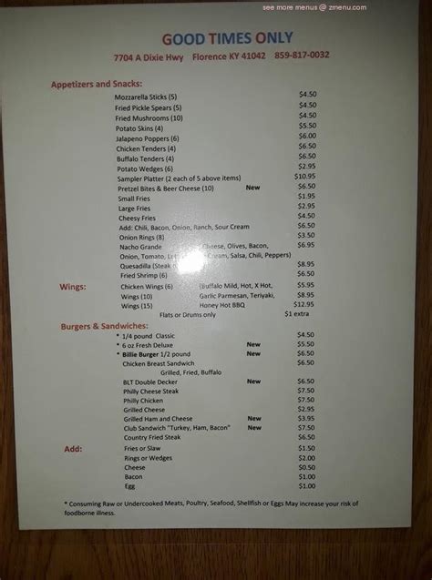 Menu at Good Times Only Bar & Grill, Florence