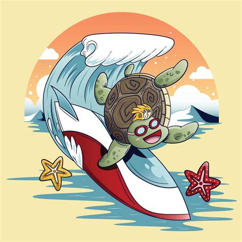 Turtle surfing with surfboard and starfish. Vector illustration. 22723378 Vector Art at Vecteezy