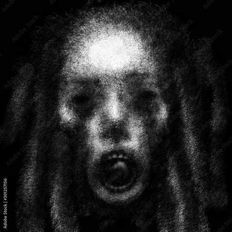 Creepy witch face with sticking out tongue. Black and white illustration in horror genre with ...