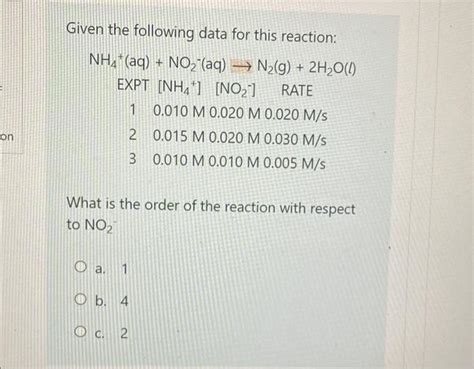 Solved Given the following data for this reaction: NH4+ (aq) | Chegg.com