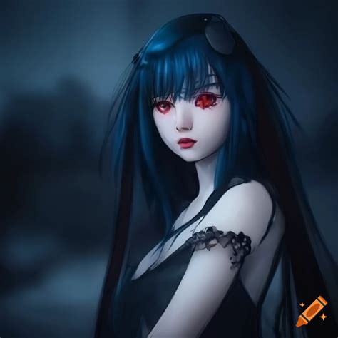 Portrait of a beautiful anime girl with blue hair and red eyes on Craiyon