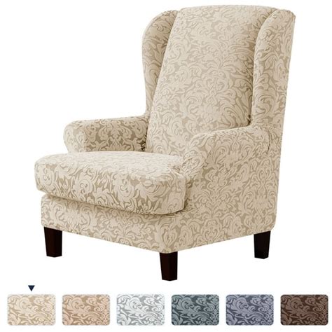 Subrtex Stretch Jacquard Damask 2-Piece Wingback Chair Slipcover, Khaki - Walmart.com - Walmart.com