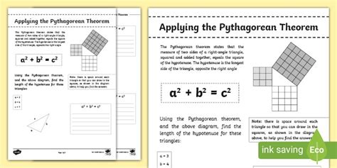 Applying the Pythagorean Theorem Worksheet (teacher made)