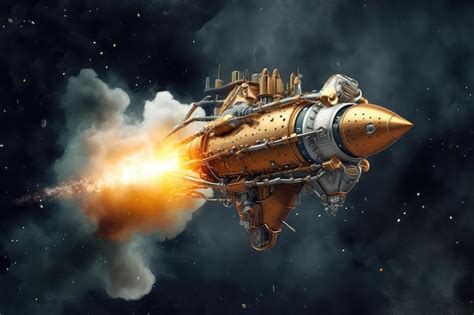 Premium AI Image | Gold Steampunk Rocket On Smoke Steam Sparks Background Generative AI