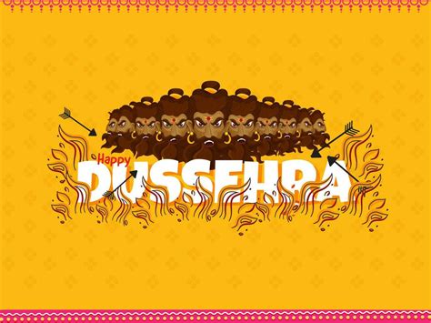 Happy Dussehra Text With Demon Ravana Face And Line Art Firing On Dark Yellow Background ...