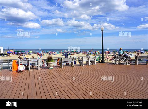 OCEAN GROVE, NJ -10 AUG 2019- View of the boardwalk along the beach in ...