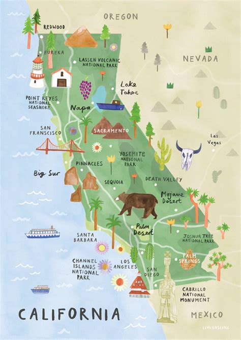 California Illustrated Map California Print California Map - Etsy