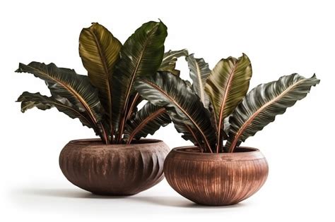 Premium AI Image | A pair of copper plant pots with the leaves in the ...