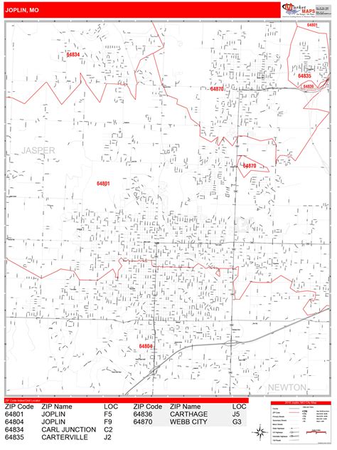 Joplin Missouri Zip Code Wall Map (Red Line Style) by MarketMAPS