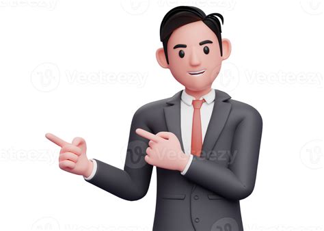 man in formal dress pointing side with both index fingers, 3d illustration of a smart ...