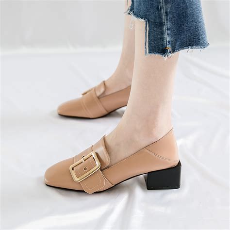 Square-toe Buckle Low Chunky Heels on Luulla