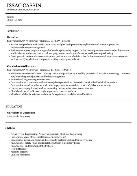 Electrical Foreman Resume Samples | Velvet Jobs