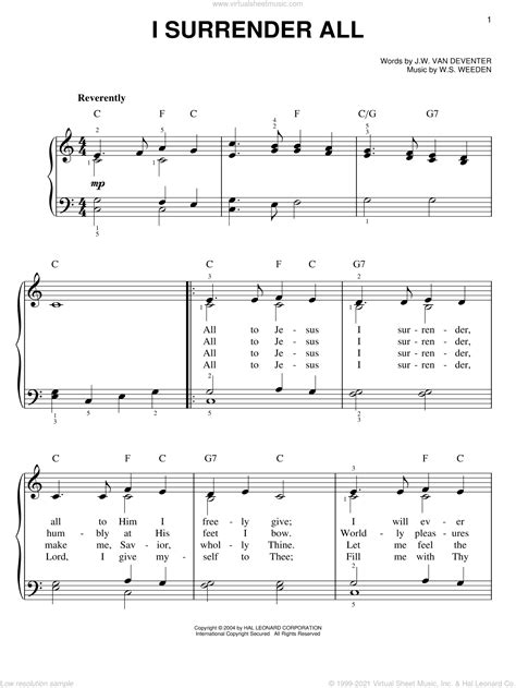 I Surrender All sheet music (easy version 2) for piano solo (PDF)