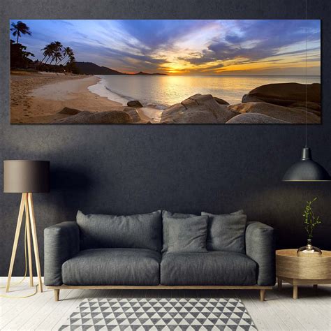 Lamai Beach Canvas Wall Art, Thailand Yellow Sunset Ocean Panoramic Ca – Swallart