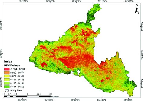 Normalized difference vegetation index (NDVI) map showing the greenness ...