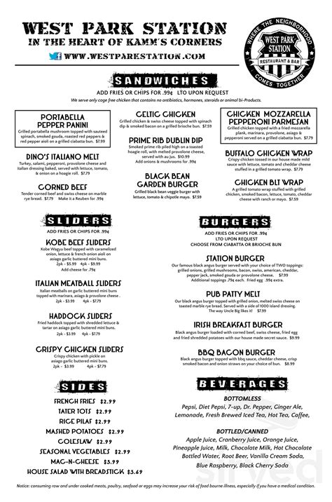 West Park Station menu in Cleveland, Ohio, USA