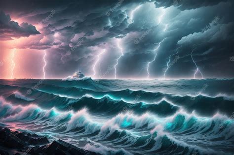 Premium AI Image | A storm on the ocean with a blue sky and lightning