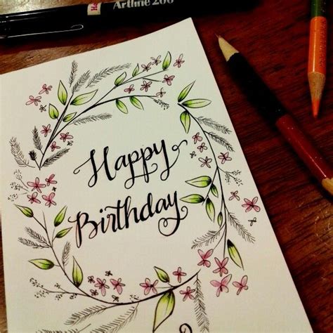 Hand drawn birthday card. Happy birthday typography with flower & leaf details | Birthday card ...