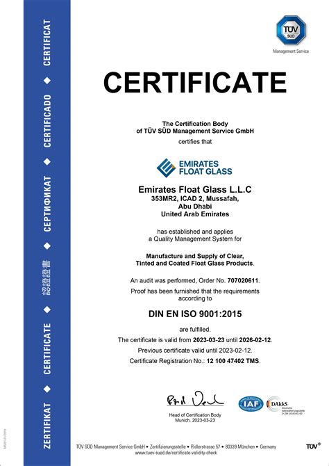 ISO 9001 Certificate – Emirates Float Glass LLC