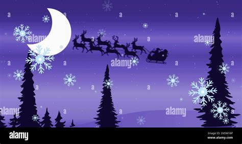 Image of santa in sleigh with reindeer over snow falling and winter ...