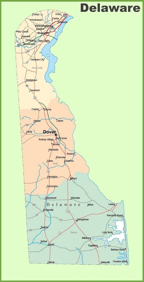 Map of Delaware with cities and towns