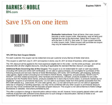 Barnes & Noble 15% off One Item Printable Coupon | AL.com