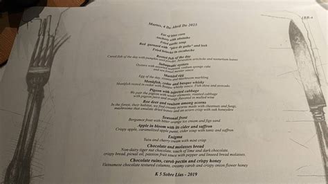 Menu at Arzak restaurant, San Sebastián, Alcalde J. Elosegi Hiribidea