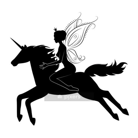 Wall Decal Silhouette of a beautiful fairy riding on magical unicorn. - PIXERS.UK