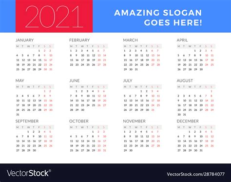 Calendar for 2021 year week starts on monday Vector Image