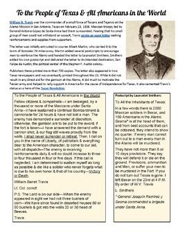 William B. Travis Letter Primary Source for Texas History | TpT