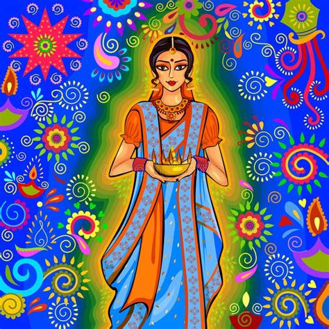 Illustration about Vector design of Indian woman with diya decoration for Diwali festival ...