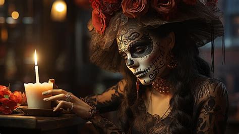 Premium AI Image | Woman in La Calavera Catrina Costume with Smoking Skull