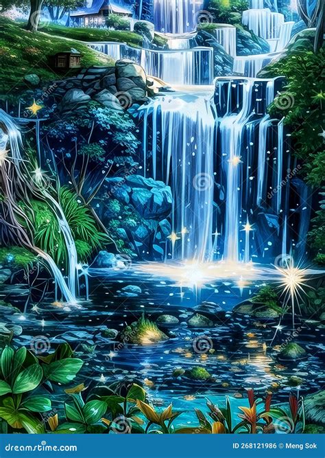 Waterfall Painting with Beautiful Scenery. Landscape with Trees, Rocks, Houses and Waterfalls ...