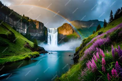 Premium AI Image | Rainbow over a waterfall with a rainbow in the ...