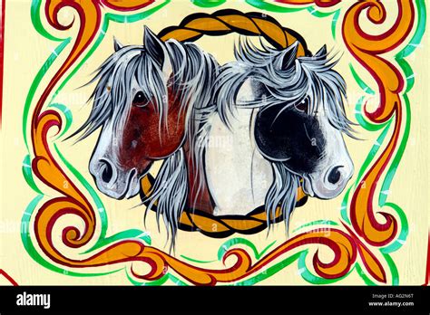 two horses gypsy caravan traditional decoration detail painting at belper steam and vintage ...