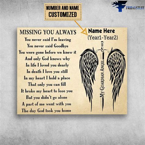 My Guardian Angel, Missing You Always, You Never Said, I'm Leaving Customized Personalized NAME ...