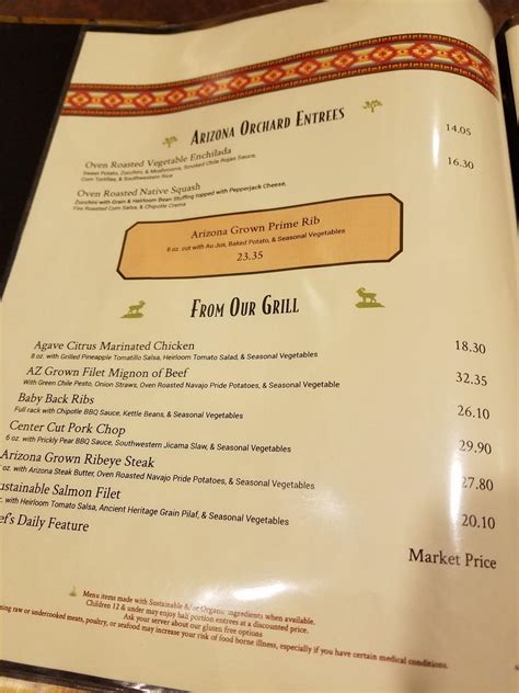 Menu at Arizona Steakhouse, Grand Canyon Village