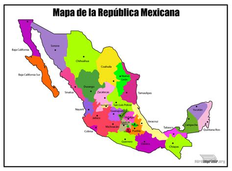 Mapa de la República Mexicana a color para imprimir en PDF 2024