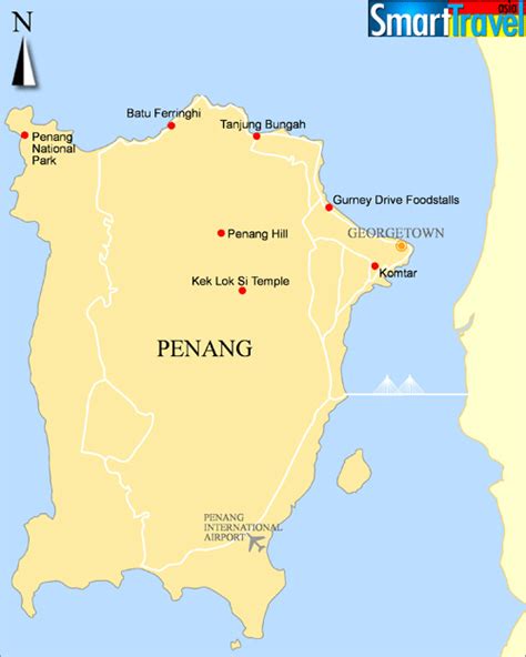 Detailed A4 printable map of Penang listing popular Penang beaches like ...