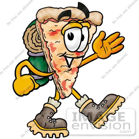 Clip Art Graphic of a Cheese Pizza Slice Cartoon Character Hiking and Carrying a Backpack ...