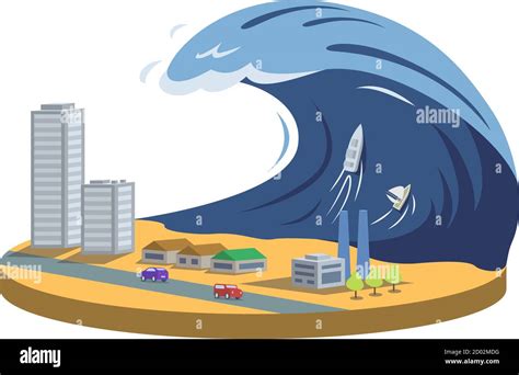 Typhoon cartoon vector illustration. Tsunami. High wave covering city ...