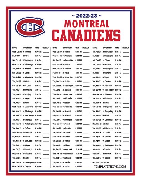 Printable 2022-2023 Montreal Canadiens Schedule