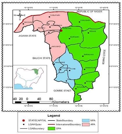 Map of Yobe State showing the three plantation areas of APA, NPA and DPA | Download Scientific ...