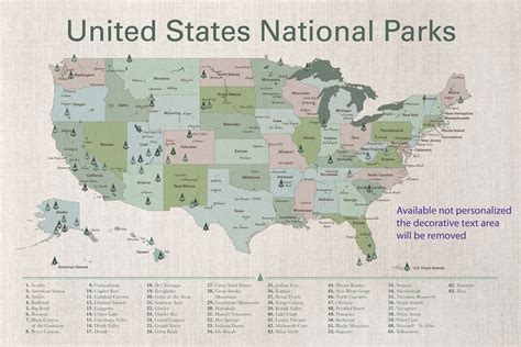 US National Parks Map with Park Trees - 100% Cotton Canvas