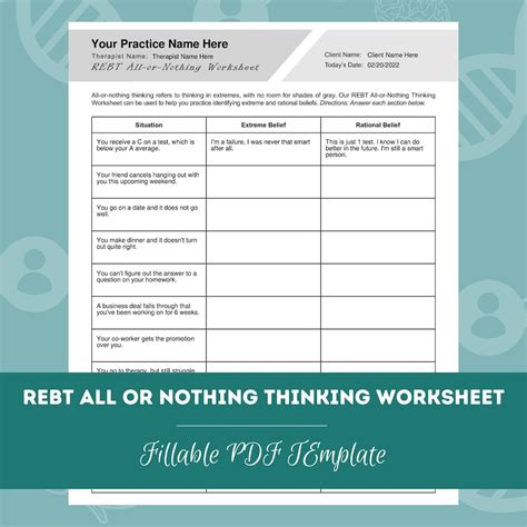 REBT All or Nothing Thinking Worksheet Editable / Fillable PDF Template for Counselors ...