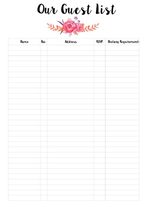 a printable guest list with flowers and leaves on the top, is shown in pink